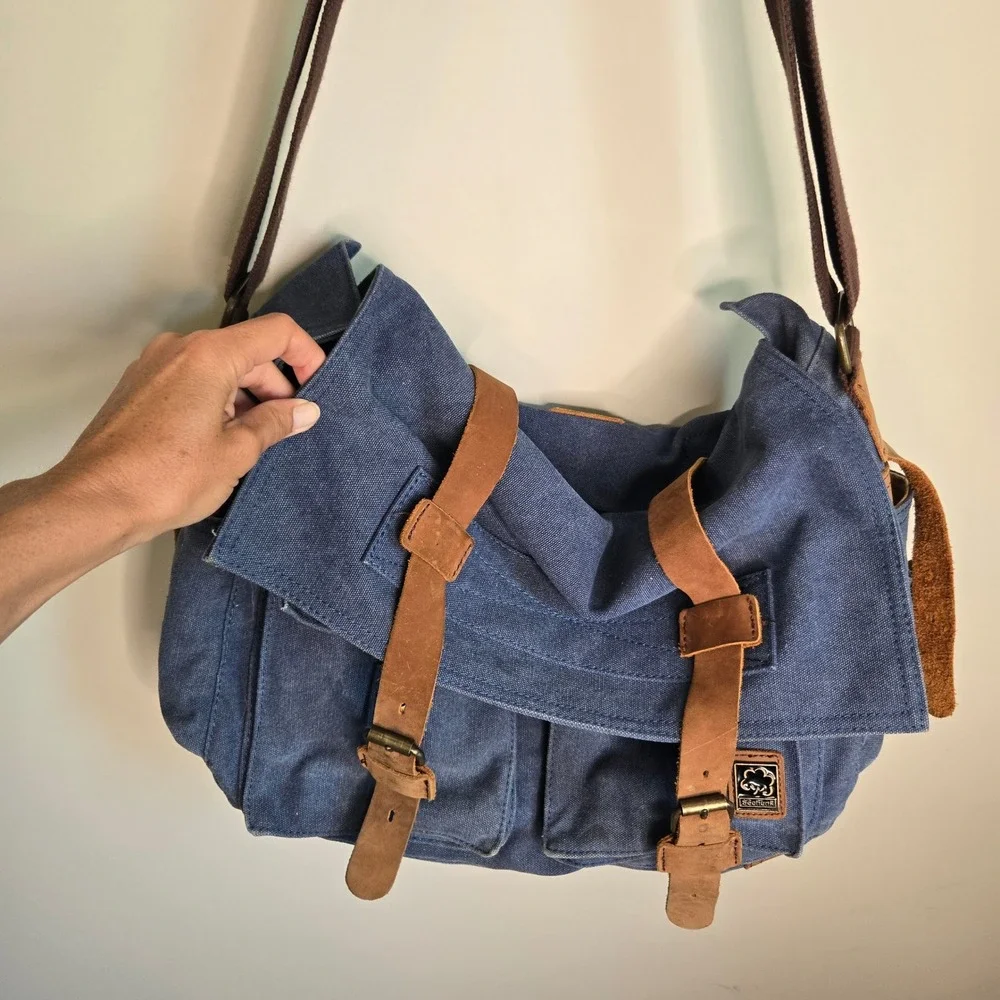 Sechunk Blue Canvas Messenger Bag VTG Leather Trim Military Satchel Crossbody
